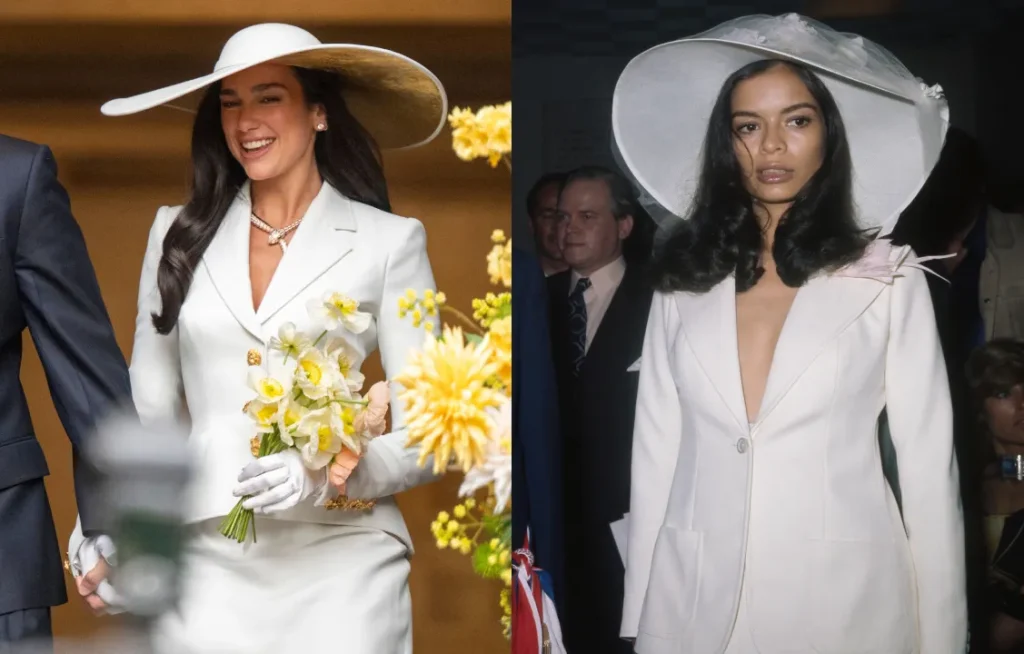 Dua Lipa channeling Bianca Jagger in a schiaparelli couture skirt suit. Credit: GettyImage