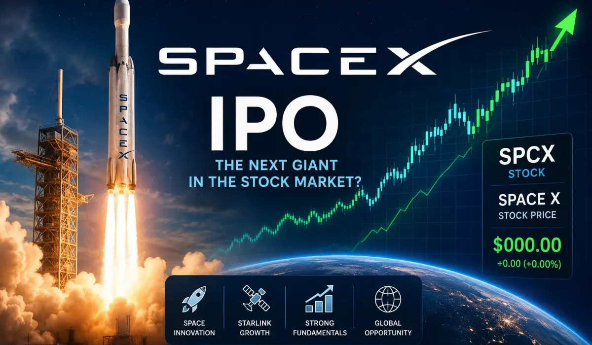 SpaceX rocket launch with stock market chart illustrating potential SpaceX IPO and SPCX stock investment opportunities.